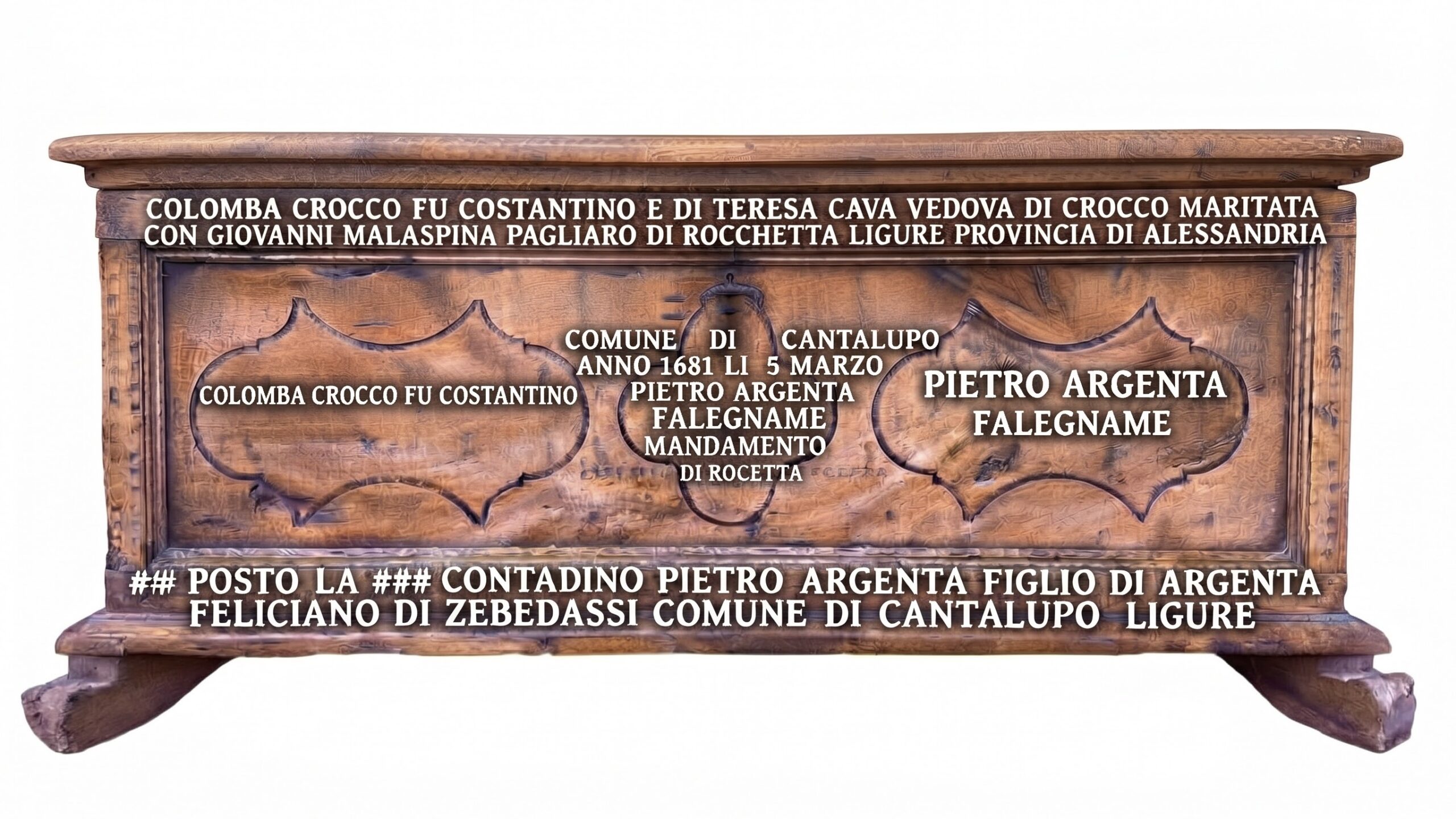 Cassapanca nuziale del 1681 con iscrizione sul frontale, legata alla storia della Val Borbera